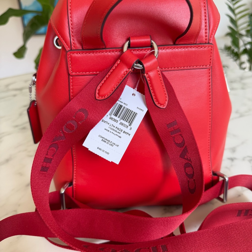 NWT Coach Pace Smooth Leather Backpack Miami Red / Silver CR100 Logo Straps - Picture 5 of 14